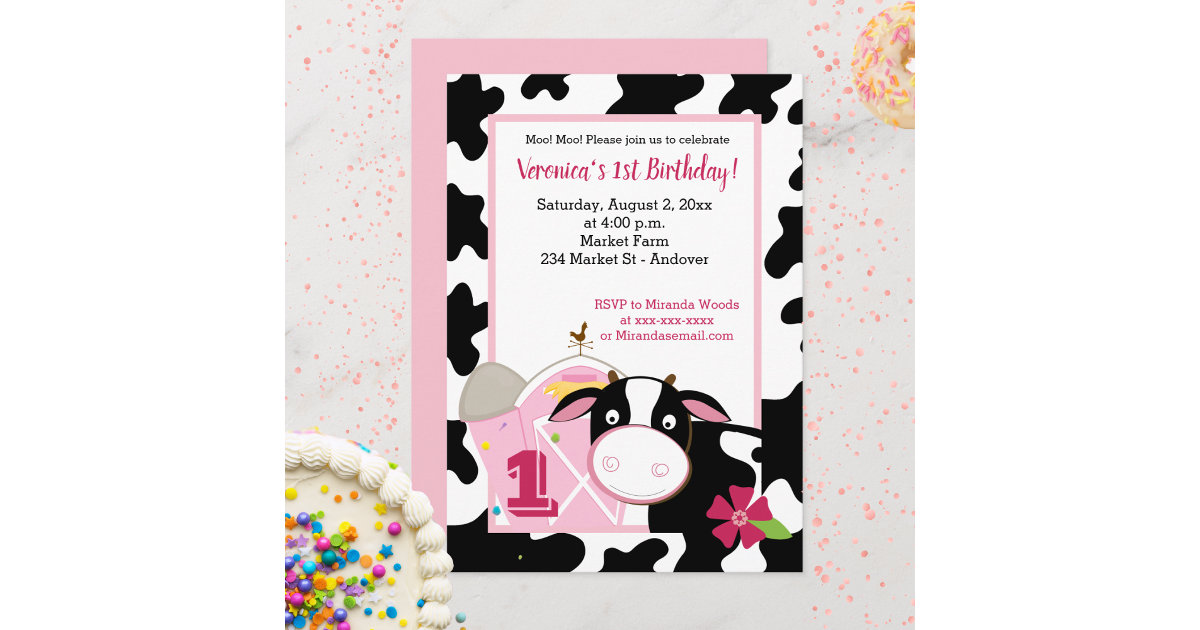 Pink Dairy Cow Girl Any Age Birthday Invitation Zazzle