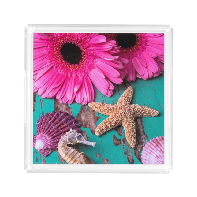 Pink Daises And Seahorse With Starfish Acrylic Tray (Front)