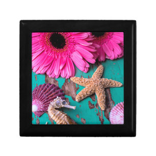 Pink Daises And Seahorse With Starfish Keepsake Box