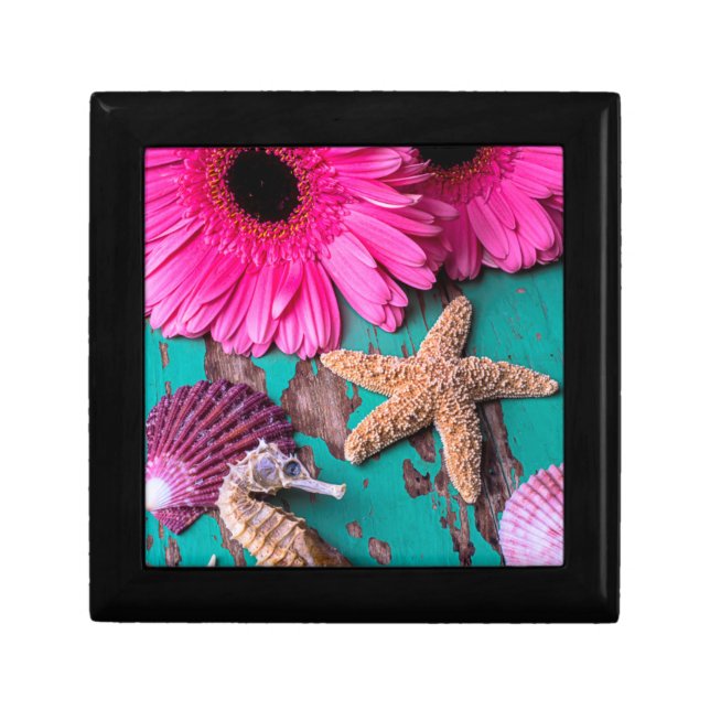 Pink Daises And Seahorse With Starfish Keepsake Box (Front)