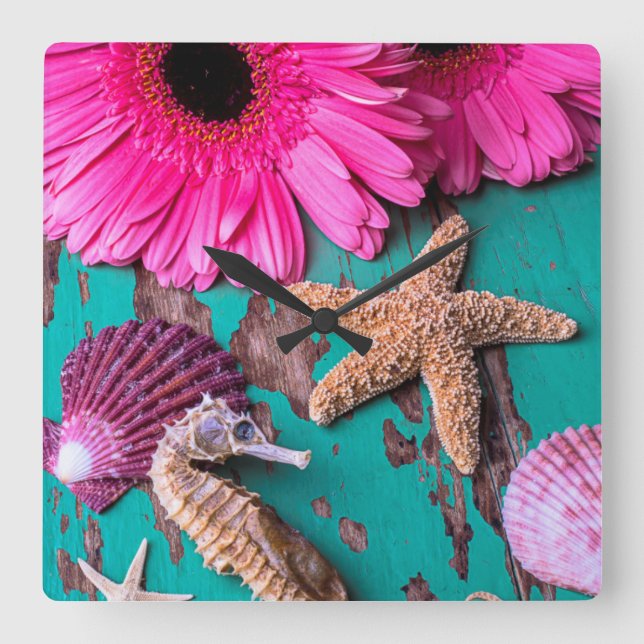 Pink Daises And Seahorse With Starfish Square Wall Clock (Front)