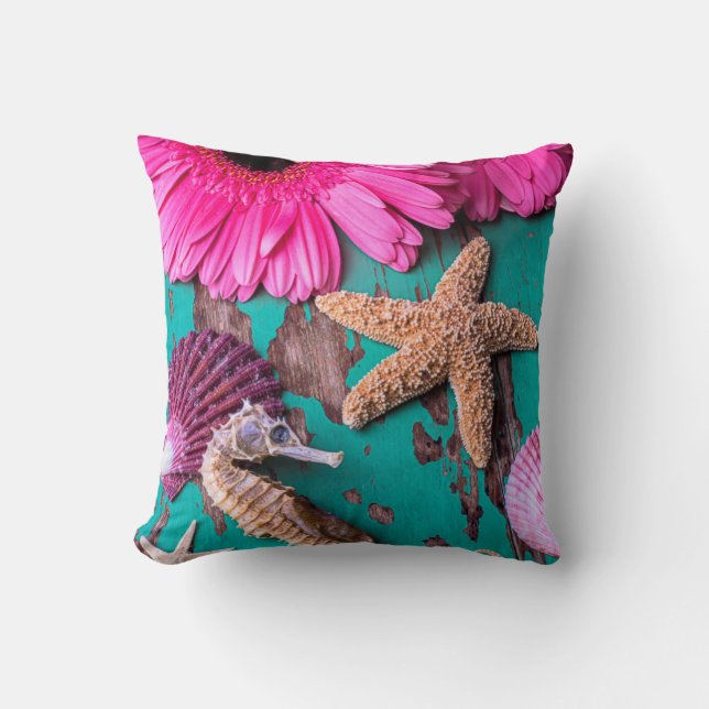 Pink Daises And Seahorse With Starfish Throw Pillow (Front)