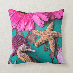 Pink Daises And Seahorse With Starfish Throw Pillow