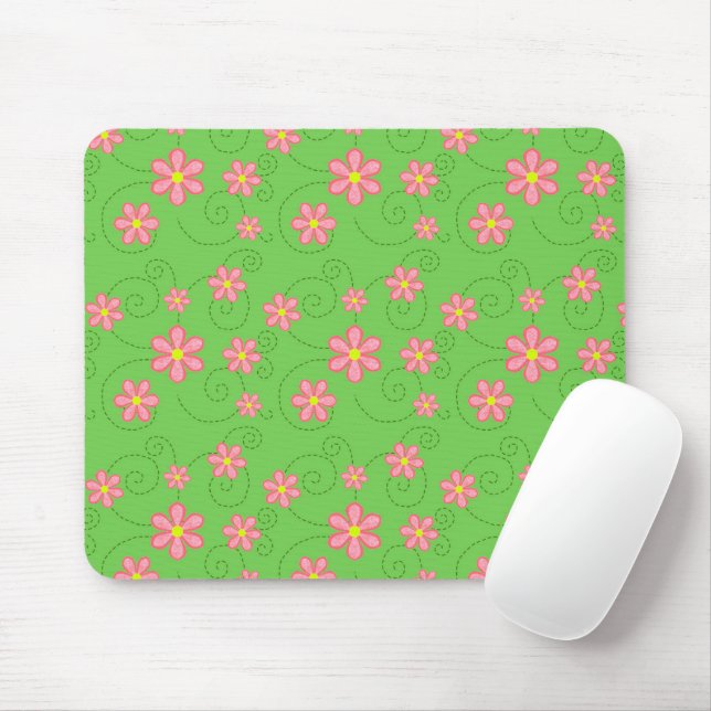 Pink Daisies and Bug Trail On Bright Green Mouse Pad (With Mouse)