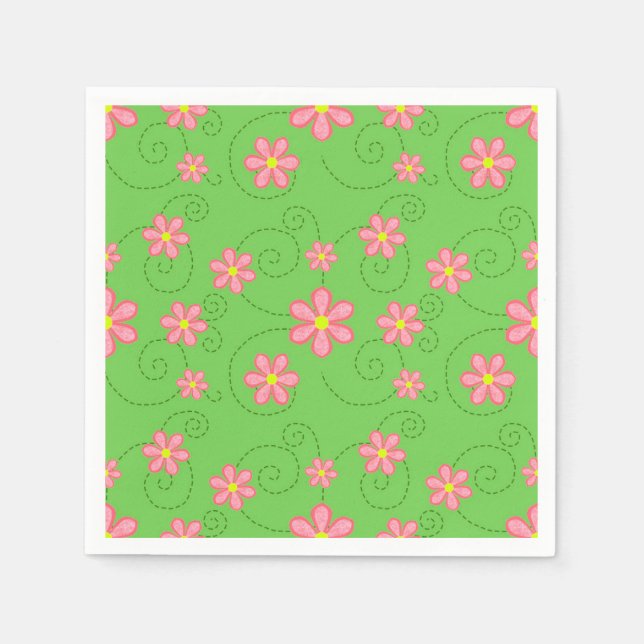 Pink Daisies and Bug Trails On Bright Green Napkins (Front)