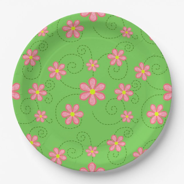 Pink Daisies and Bug Trails On Bright Green Paper Plates (Front)
