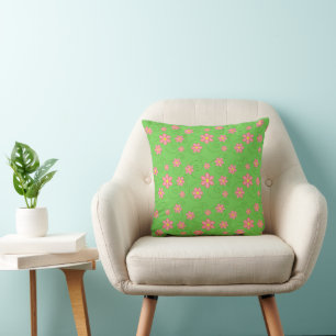 Pink Daisies and Bug Trails On Bright Green Throw Pillow