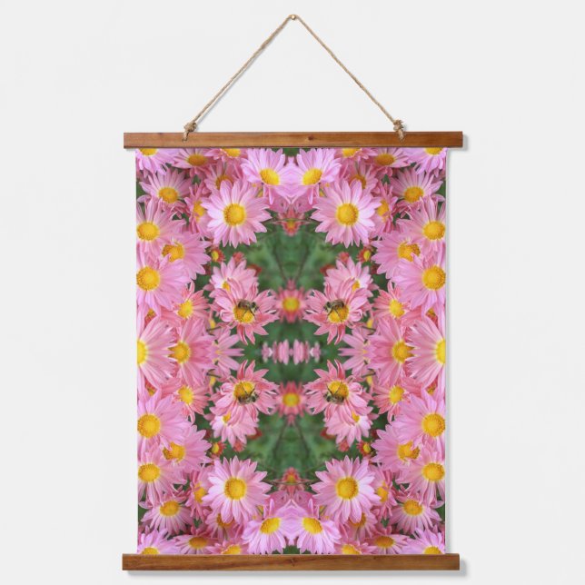 Pink Daisies And Bumble Bee Abstract    Hanging Tapestry (Front)