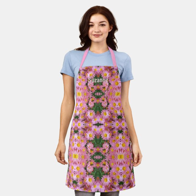 Pink Daisies And Bumble Bee Personalized      Apron (Worn)