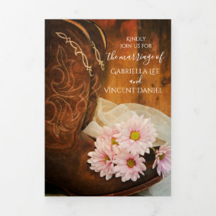 Pink Daisies and Cowboy Boots Western Wedding Tri-Fold Invitation