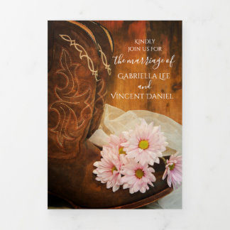 Pink Daisies and Cowboy Boots Western Wedding Tri-Fold Invitation