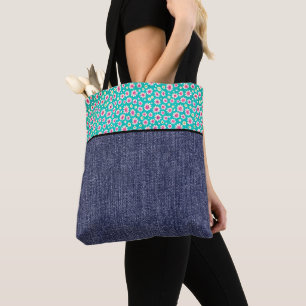 Pink daisies and denim tote bag