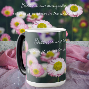 Pink daisies and pansies in the green garden color morph mug