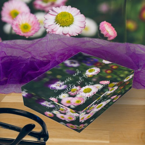 Pink daisies and pansies in the green garden paperweight