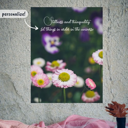 Pink daisies and pansies in the green garden poster