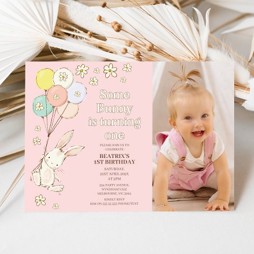 Pink Daisies Balloons Some Bunny 1st Birthday Invitation