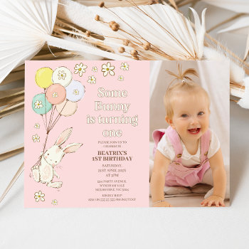 Pink Daisies Balloons Some Bunny 1st Birthday Invitation by Sugar_Puff_Kids at Zazzle