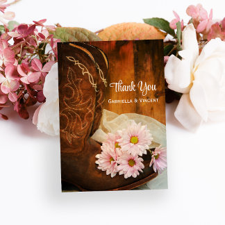 Pink Daisies Cowboy Boot Western Wedding Thank You Postcard