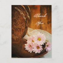 Pink Daisies Cowboy Boot Western Wedding Thank You Postcard