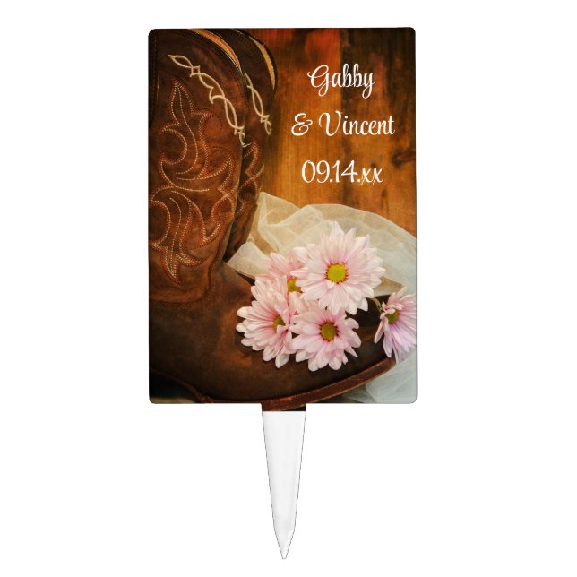 Pink Daisies Cowboy Boots Country Western Wedding Cake Topper (Front)
