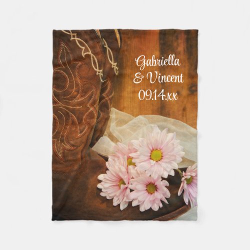 Pink Daisies Cowboy Boots Country Western Wedding Fleece Blanket