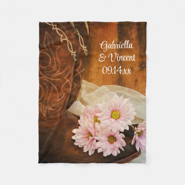 Pink Daisies Cowboy Boots Country Western Wedding Fleece Blanket (Front)