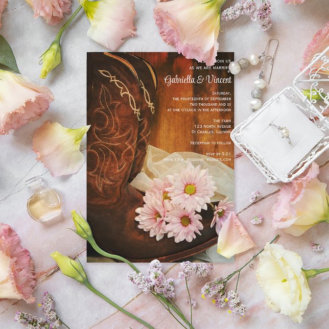Pink Daisies Cowboy Boots Country Western Wedding Invitation (Creator Uploaded)