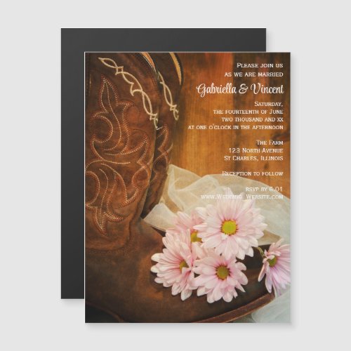 Pink Daisies Cowboy Boots Country Western Wedding Magnetic Invitation