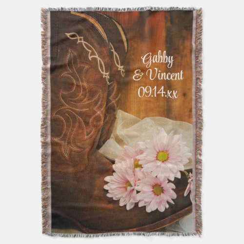 Pink Daisies Cowboy Boots Country Western Wedding Throw Blanket