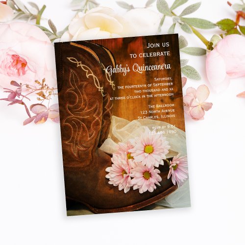 Pink Daisies Cowboy Boots Quinceanera Barn Party Invitation