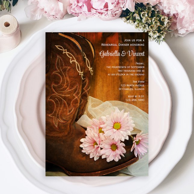 Pink Daisies Cowboy Boots Wedding Rehearsal Dinner Invitation (Creator Uploaded)