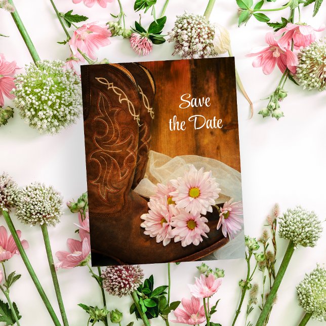 Pink Daisies Cowboy Boots Wedding Save the Date Announcement Postcard (Creator Uploaded)