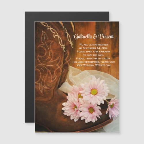Pink Daisies Cowboy Boots Wedding Save the Date Magnetic Invitation