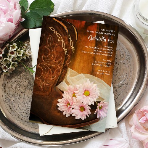 Pink Daisies and Boots Country Bridal Shower Personalized Announcement