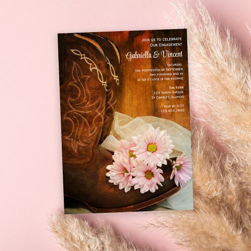 Pink Daisies Cowboy Boots Western Engagement Party Invitation