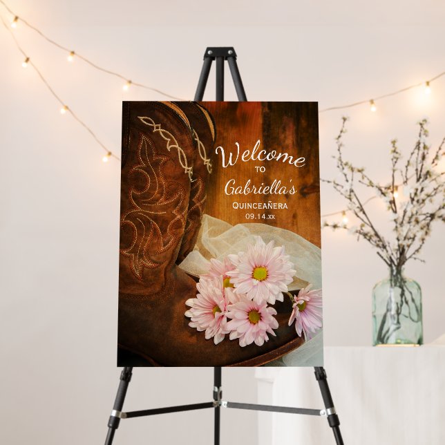 Pink Daisies Cowboy Boots Western Quinceañera Foam Board (In Situ (Stand))