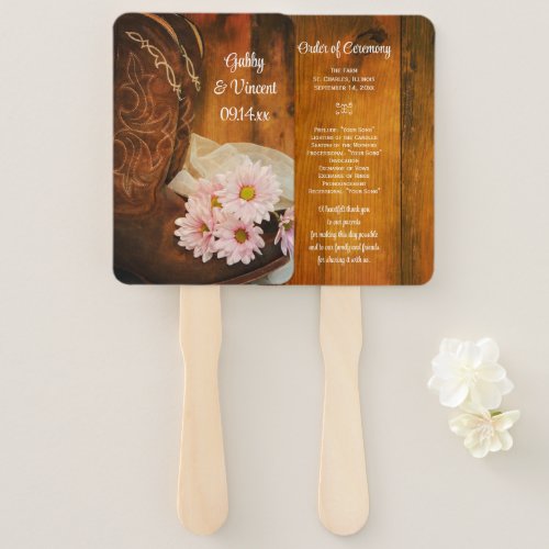 Pink Daisies Cowboy Boots Western Wedding Program Hand Fan