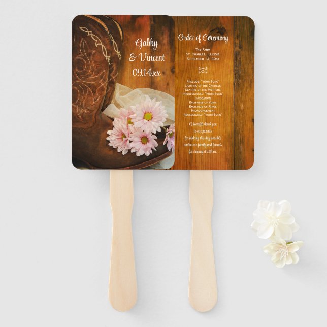 Pink Daisies Cowboy Boots Western Wedding Program Hand Fan (Front and Back)