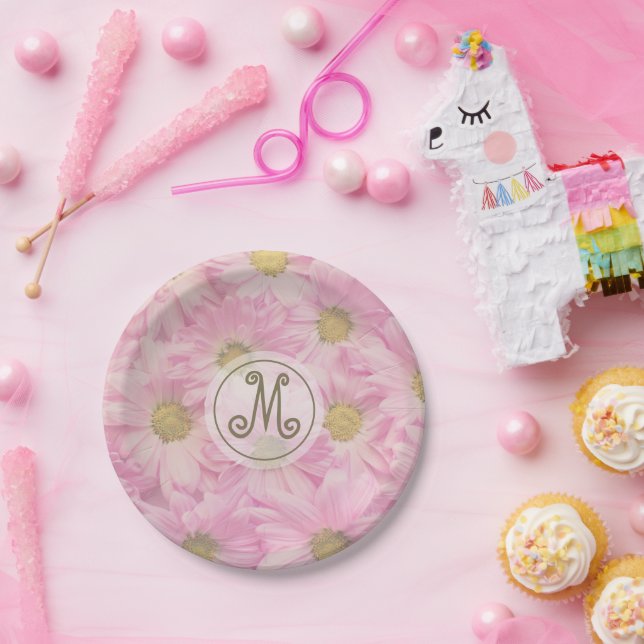 Pink Daisies Custom Gold Monogram Paper Plates (Party)