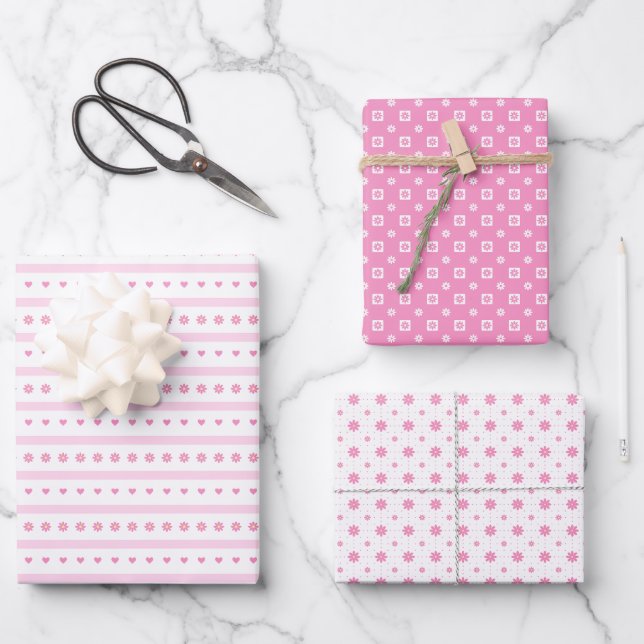 Pink Daisies, Dots and Hearts Wrapping Paper (Front)