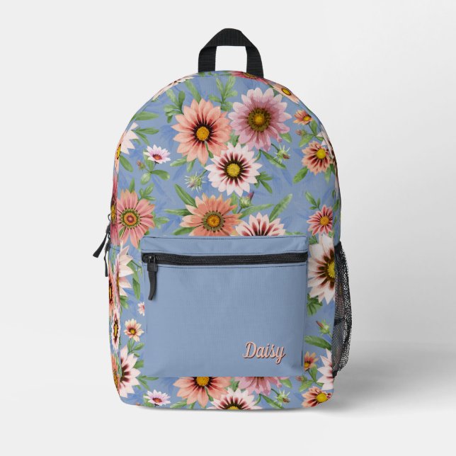 Pink Daisies Floral Botanical Art Personalized Printed Backpack (Front)