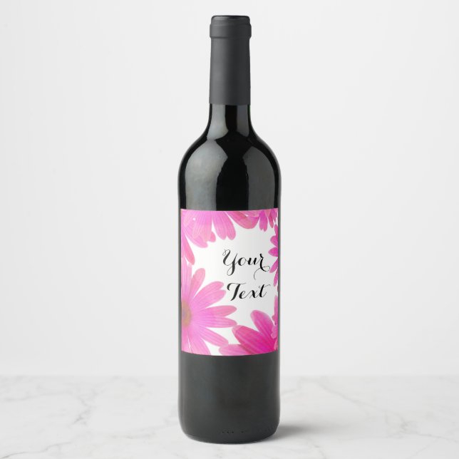 Pink Daisies Floral Daisy Elegant Wine Labels (Front)