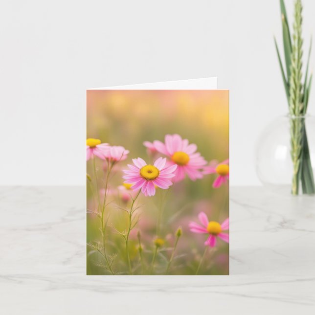 Pink Daisies In Meadow Note Card (Front)