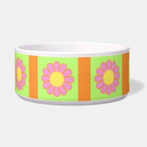Pink Daisies Lime Green and Orange Stripes Bowl