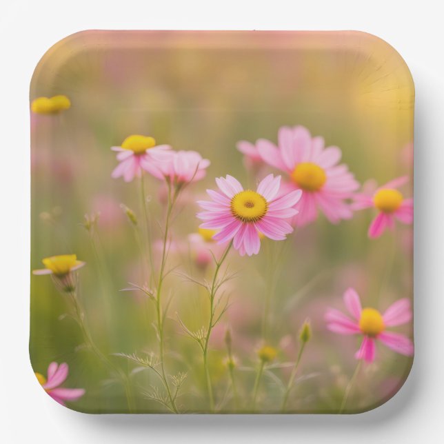 Pink Daisies Meadow Paper Plates (Front)