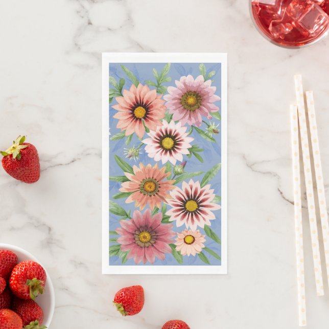Pink Daisies on Blue Floral Botanical Art Paper Guest Towels (Insitu)