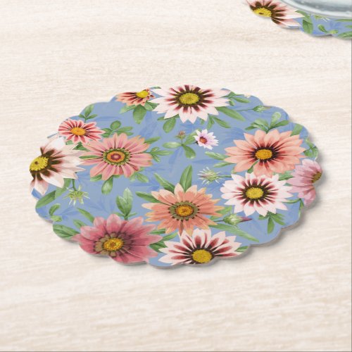 Pink Daisies on Blue Floral Pattern Paper Coaster