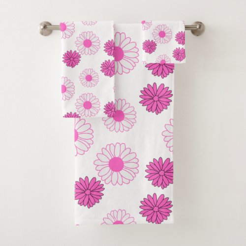 Pink Daisies Pattern in White Bath Towel Set