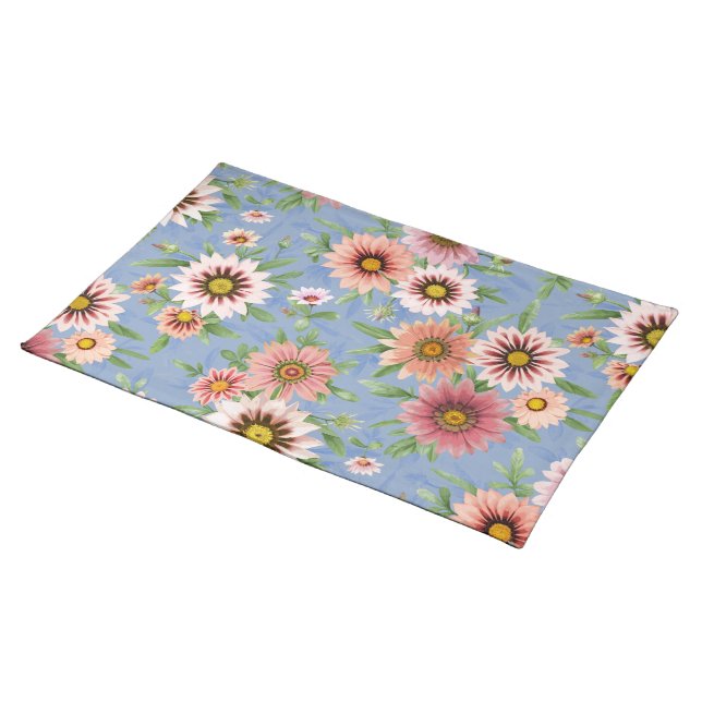 Pink Daisies Pretty Floral Pattern on Blue Cloth Placemat (On Table)