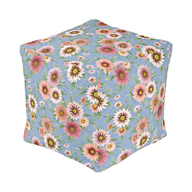 Pink Daisies Pretty Floral Pattern on Blue Pouf (Angled Front)